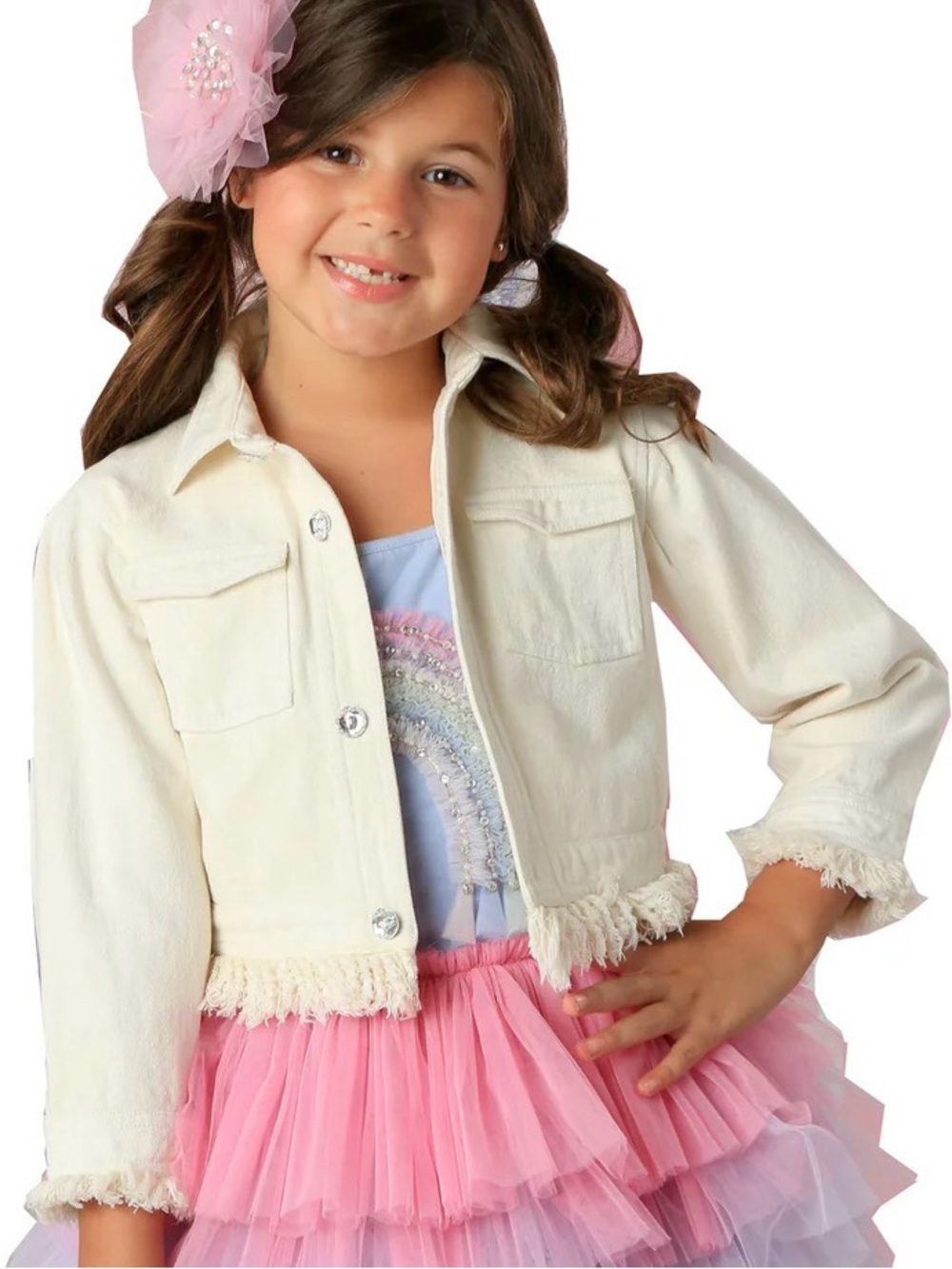 Girls Ooh! La, La! Couture White Fringe Hem Jean Jacket - size 4T